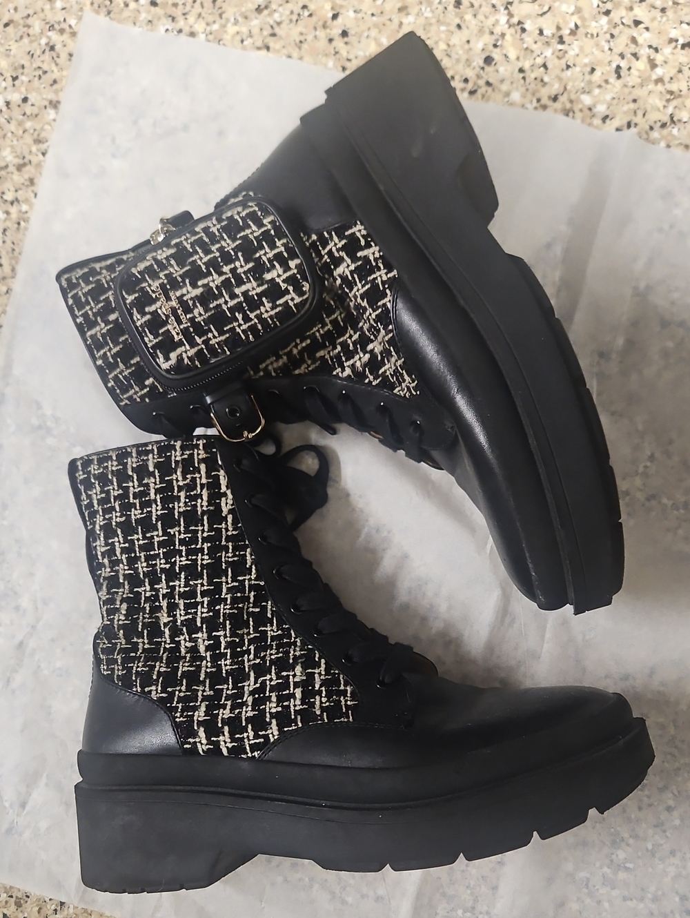 Kate Spade New York Winona Boots Tweed Pouch Black Leather Size 10.5